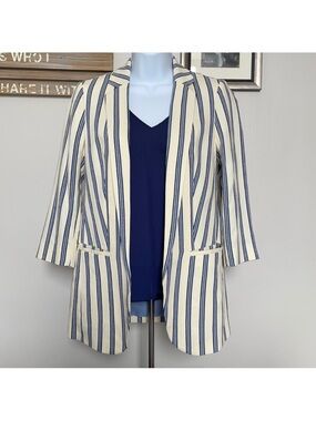 Express Striped Open-Front Blazer Jacket in Cream and Blue